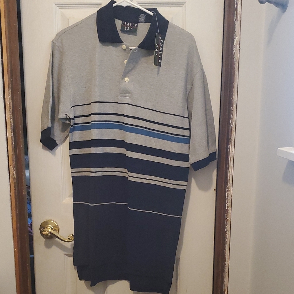 Trader Bay Men's Polo in Gray and Navy Stripes